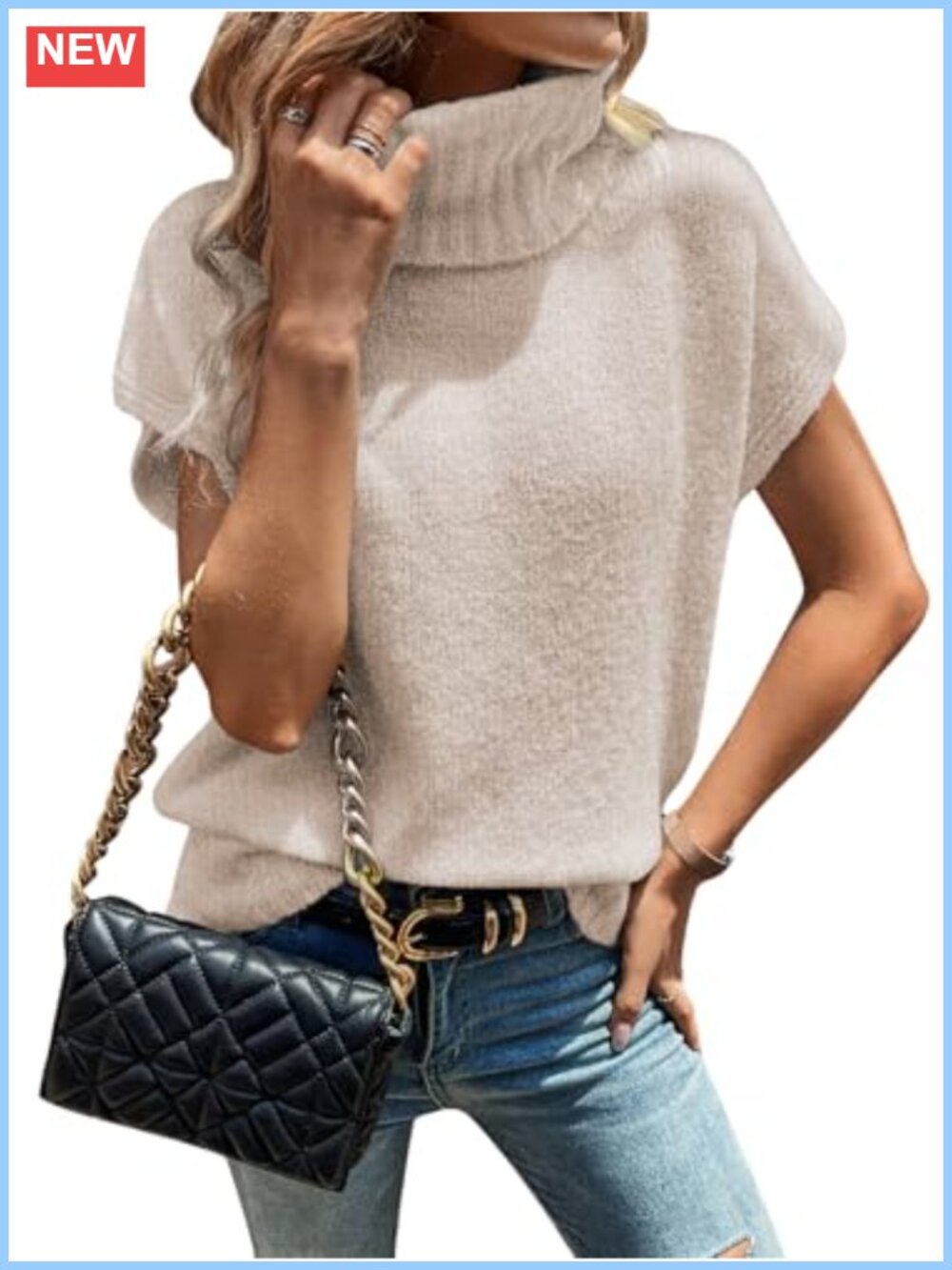 WDIRARA Turtleneck Cap Sleeve Sweater Vest Loose Oversized Knit Pullover Top